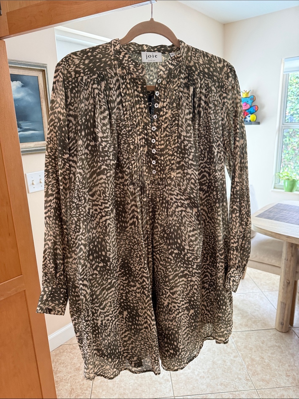 Joie Olive and Cream Abstract Print Button-Front Tunic